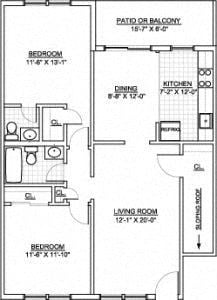 Floor plan for 2 beds, 1.5 baths, 944 sqft