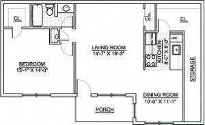 Floor plan for 1 bed, 1 bath, 691 sqft