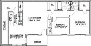 Floor plan for 2 beds, 1.5 baths, 989 sqft