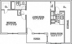 Floor plan for 1 bed, 1 bath, 691 sqft