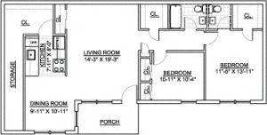 Floor plan for 2 beds, 1.5 baths, 989 sqft
