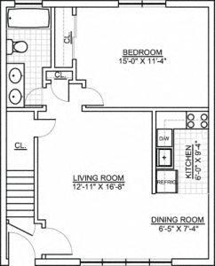Floor plan for 1 bed, 1 bath, 750 sqft