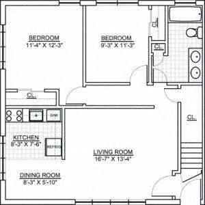 Floor plan for 2 beds, 1 bath, 950 sqft
