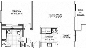 Floor plan for 1 bed, 1 bath, 766 sqft