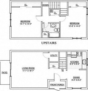 Floor plan for 2 beds, 1 bath, 1072 sqft