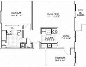 Floor plan for 2 beds, 1 bath