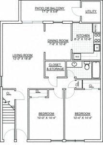 Floor plan for 2 beds, 1 bath, 914 sqft