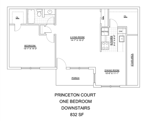 Floor plan for 1 bed, 1 bath, 853 sqft