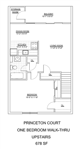 Floor plan for 1 bed, 1 bath, 678 sqft