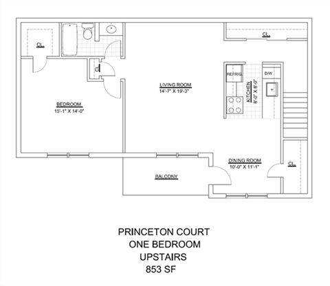 Floor plan for 1 bed, 1 bath, 853 sqft