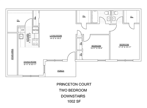 Floor plan for 2 beds, 1.5 baths, 1002 sqft