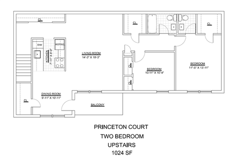 Floor plan for 2 beds, 1.5 baths, 1024 sqft