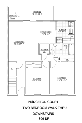 Floor plan for 2 beds, 1 bath, 896 sqft