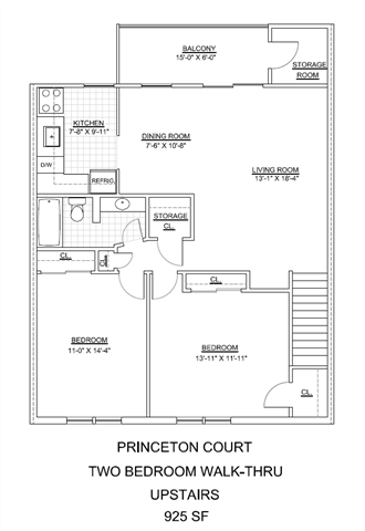 Floor plan for 2 beds, 1 bath, 925 sqft