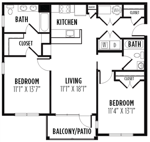 Floor plan for 2 beds, 2 baths, 1114 sqft