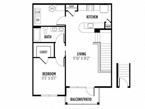 Floor plan for 1 bed, 1 bath, 964 sqft