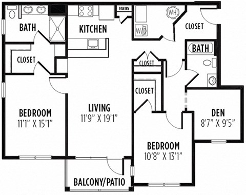 Floor plan for 2 beds, 2 baths, 1308 sqft