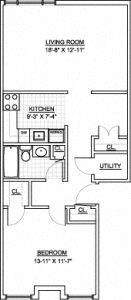 Floor plan for 1 bed, 1 bath, 800 sqft