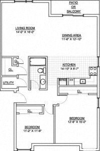 Floor plan for 2 beds, 1 bath, 1100 sqft