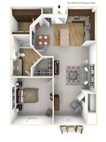 Floor plan for 1 bed, 1 bath, 877 sqft