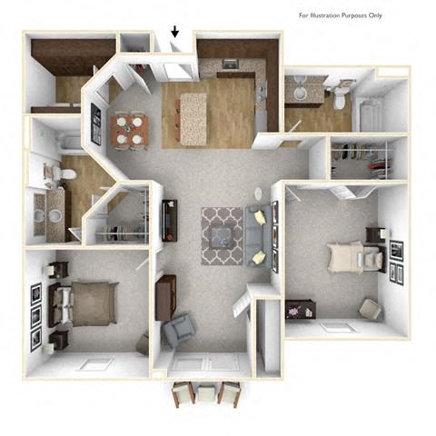 Floor plan for 2 beds, 2 baths, 1232 sqft