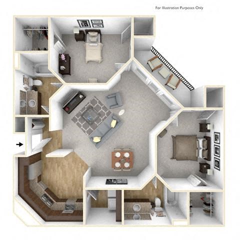 Floor plan for 2 beds, 2 baths, 1257 sqft