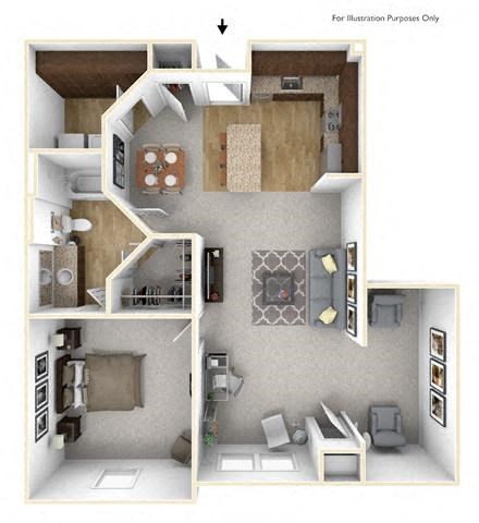 Floor plan for 1 bed, 1 bath, 968 sqft