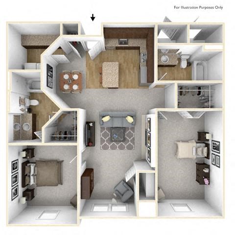 Floor plan for 2 beds, 2 baths, 1215 sqft