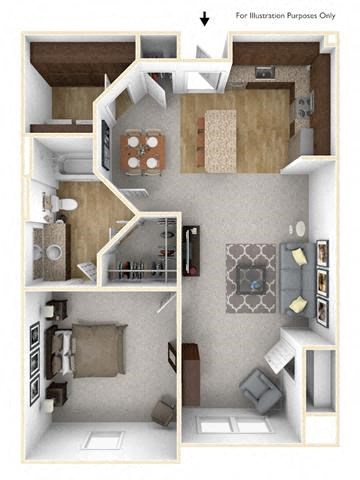 Floor plan for 1 bed, 1 bath, 860 sqft