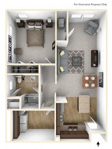 Floor plan for 1 bed, 1 bath, 849 sqft