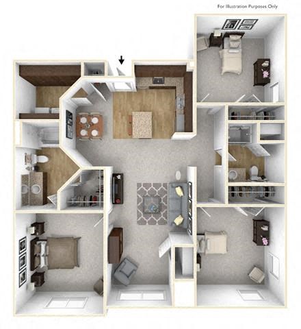 Floor plan for 3 beds, 2 baths, 1405 sqft