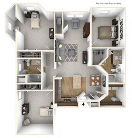Floor plan for 3 beds, 2 baths, 1497 sqft