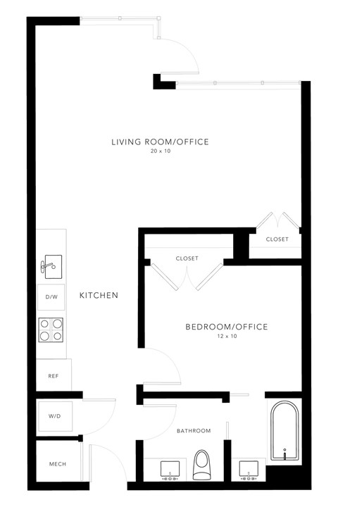 Floor plan for 1 bed, 1 bath, 644 sqft