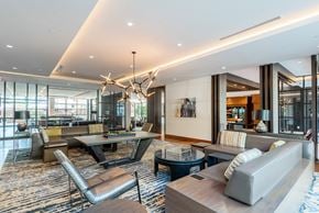 Arlington apartment for rent - A modern living room with a large grey sofa and a wooden coffee table.