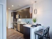 Arlington apartment for rent - A modern kitchen with dark brown cabinets and a white countertop.