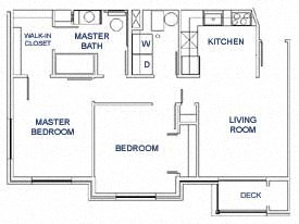 Floor plan for 2 beds, 1 bath, 725 sqft