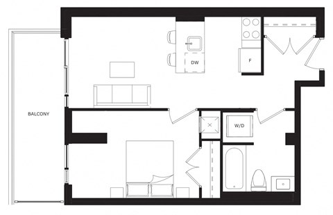 Floor plan for 1 bed, 1 bath, 581 sqft