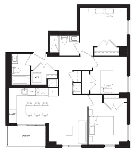 Floor plan for 3 beds, 2 baths, 1050 sqft