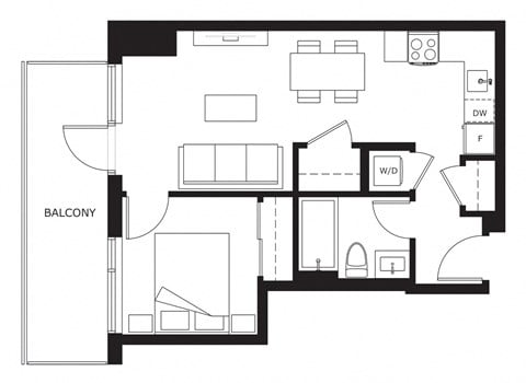 Floor plan for 1 bed, 1 bath, 556 sqft
