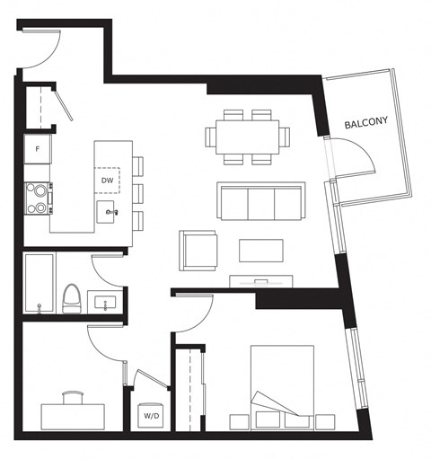 Floor plan for 1 bed, 1 bath, 808 sqft