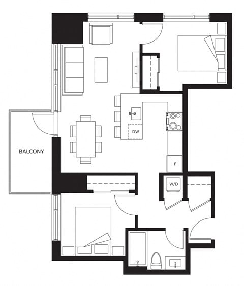 Floor plan for 2 beds, 1 bath, 780 sqft