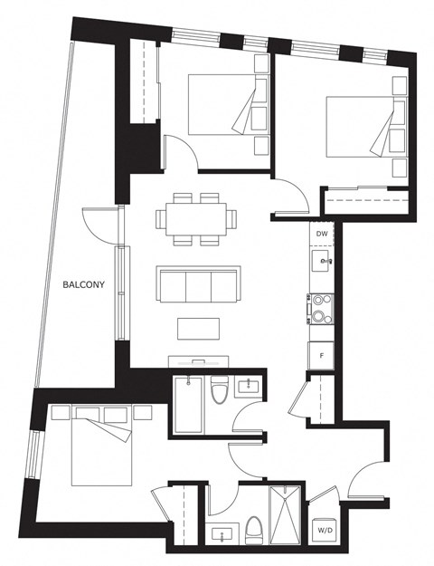 Floor plan for 3 beds, 2 baths, 1010 sqft