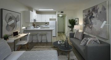 Vancouver apartment for rent - A modern living room with a grey couch and a kitchen in the background.