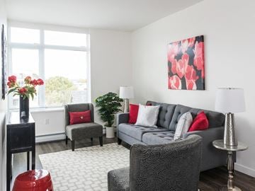 Victoria apartment for rent - A grey couch with red pillows sits in a living room with a grey chair and a red ottoman.