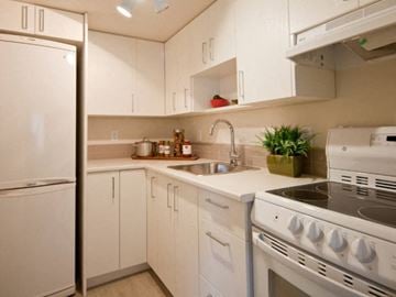 Victoria apartment for rent - A white kitchen with a stove, sink, and refrigerator.