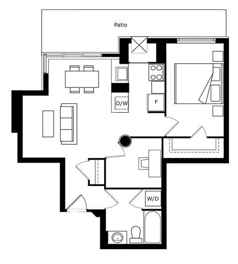 Floor plan for 1 bed, 1 bath, 680 sqft