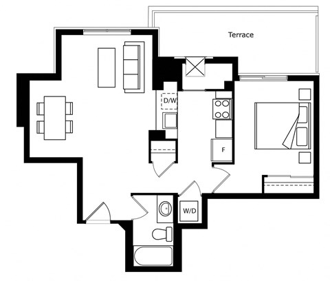 Floor plan for 1 bed, 1 bath, 565 sqft