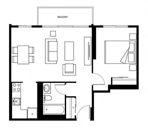 Floor plan for 1 bed, 1 bath, 560 sqft