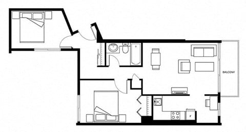 Floor plan for 2 beds, 1 bath, 754 sqft