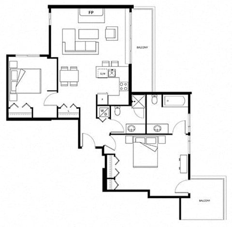 Floor plan for 2 beds, 2 baths, 754 sqft